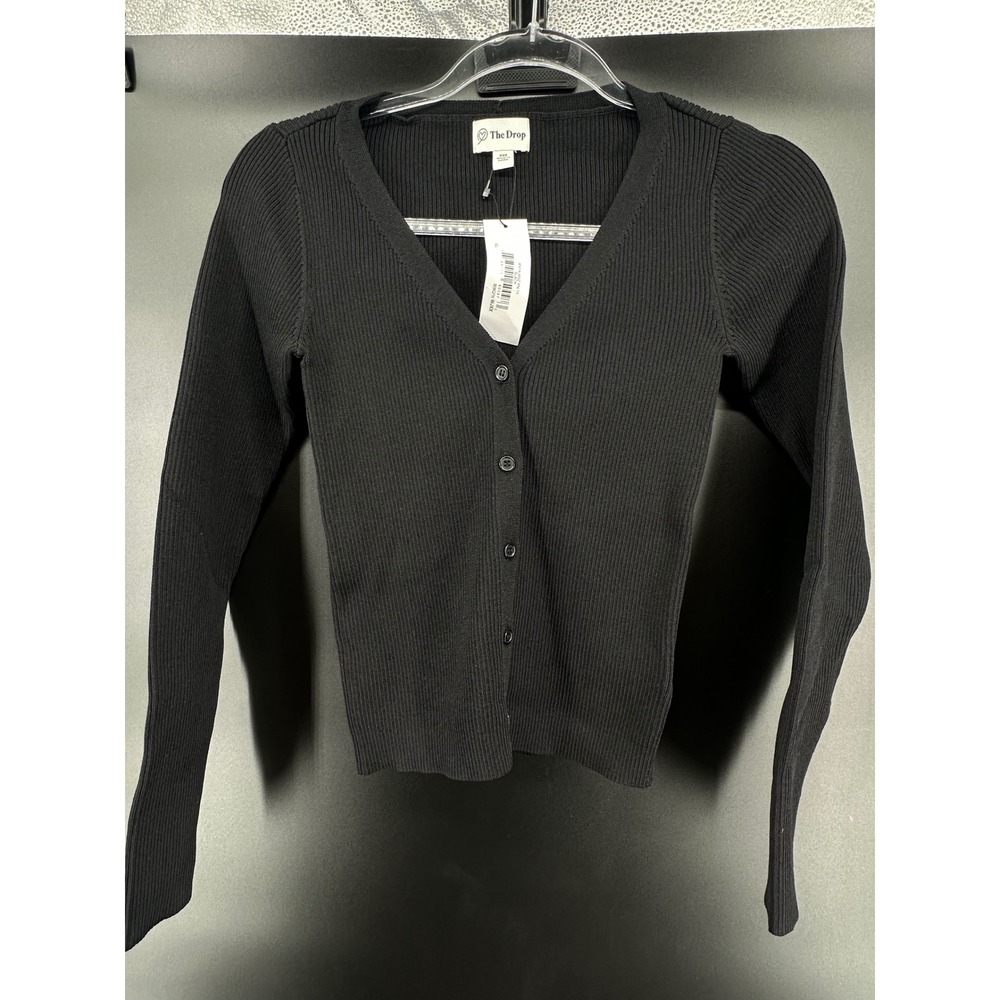 The Drop Anya‎ Long-Sleeve Ribbed Cardigan black XXS V-Neck Button Front